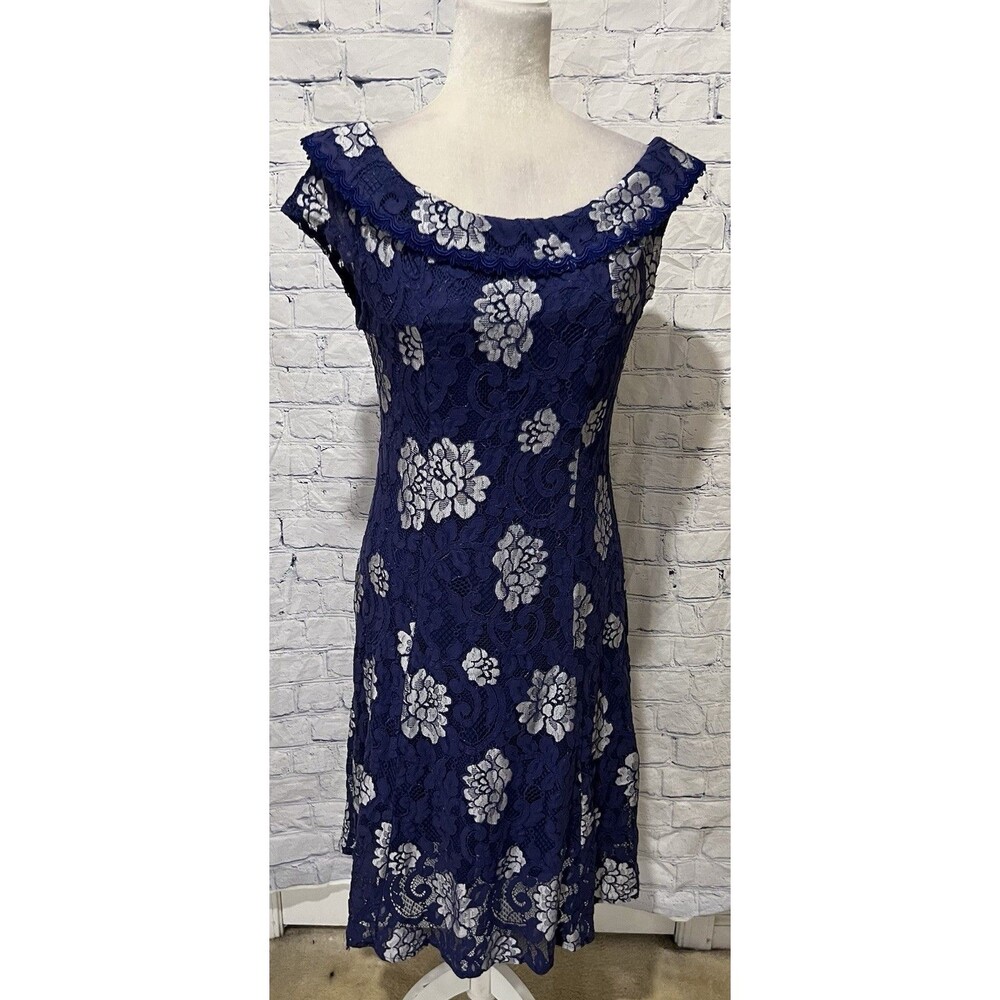 KC Collection Blue And White Lace Floral Dress Size XL